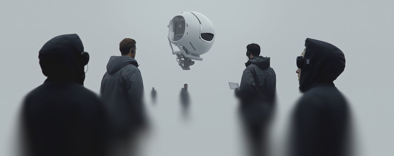 A group of people standing in front of a robot.